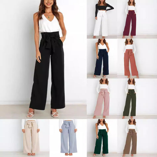 Wide fabric trousers for women with a tie belt and stylish pockets Amarae