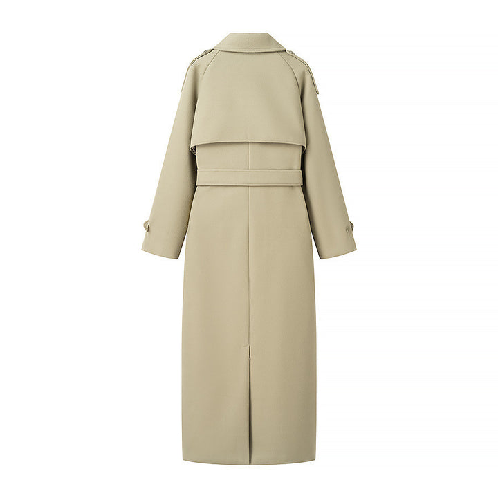Women's maxi-length wool blend trench coat with belted tie, double-breasted button placket and shoulder epaulettes Amarae