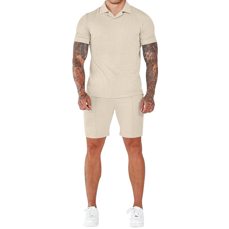 Casual short-sleeve men’s set with textured design and modern mock collar Amarae