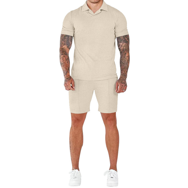 Casual short-sleeve men’s set with textured design and modern mock collar Amarae