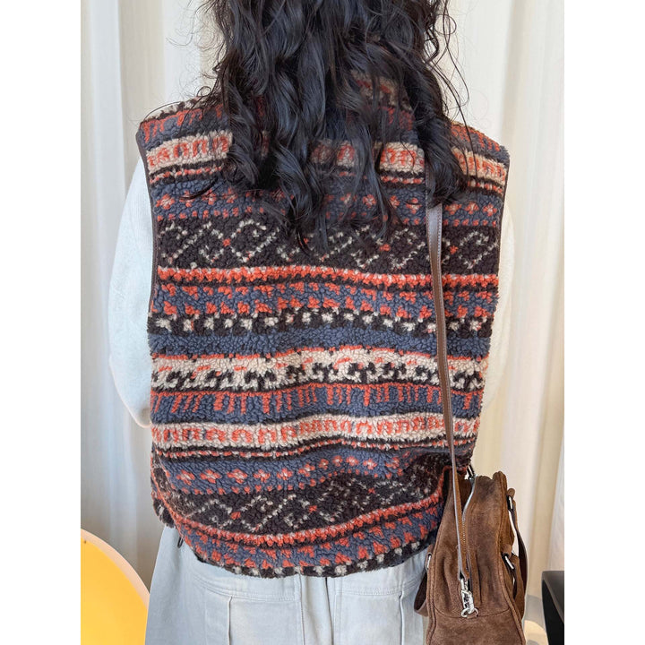 Women Patterned Fleece Vest with Stand-Up Collar and Zipper Amarae