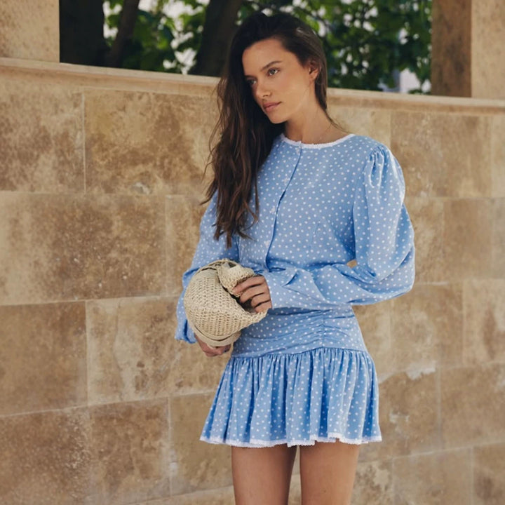 Women's Playful Polka Dot Two-Piece with Ruffled Mini Skirt and Puff Sleeves Amarae