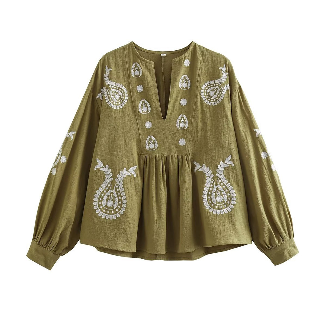 Embroidered blouse for women with puff sleeves and V-neck Lune London