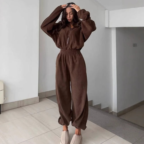 Ladies fleece jumpsuit with large puff sleeves and a high collar Amarae