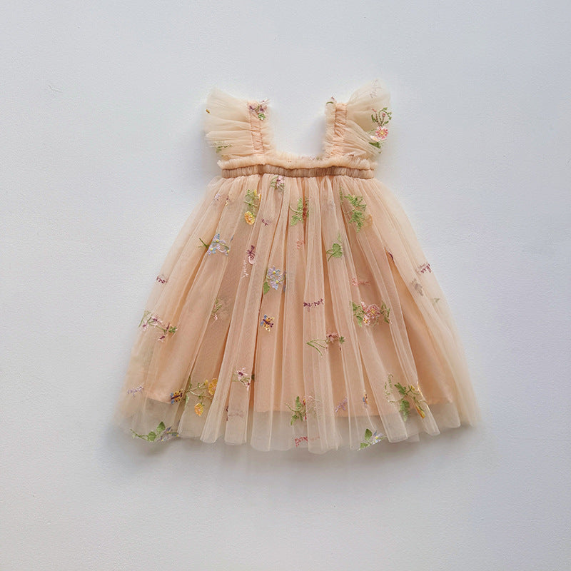 Girls Embroidered Tulle Party Dress with Ruffle Straps Lune London
