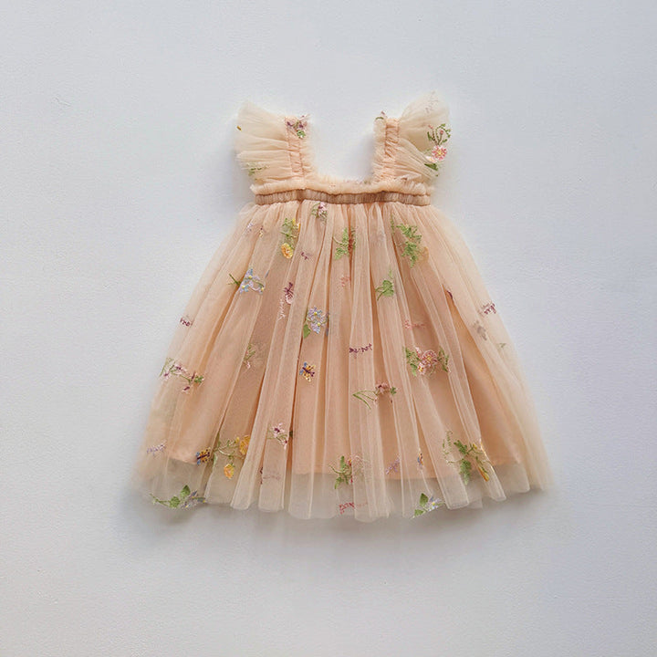 Girls Embroidered Tulle Party Dress with Ruffle Straps Lune London