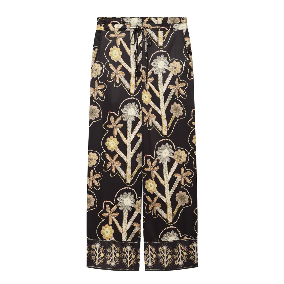 Women's Wide Satin Palazzo Pants with Floral Embroidery Motif and Drawstring