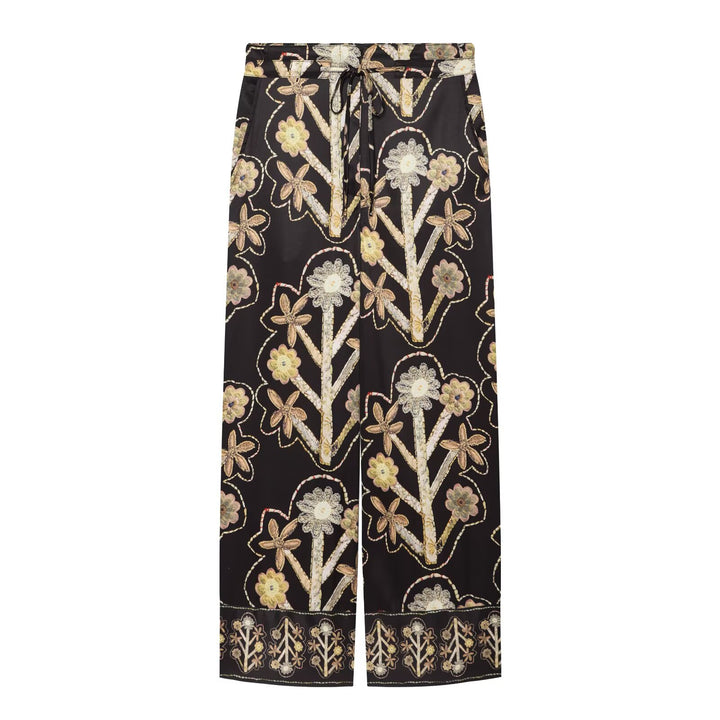 Women's Wide Satin Palazzo Pants with Floral Embroidery Motif and Drawstring
