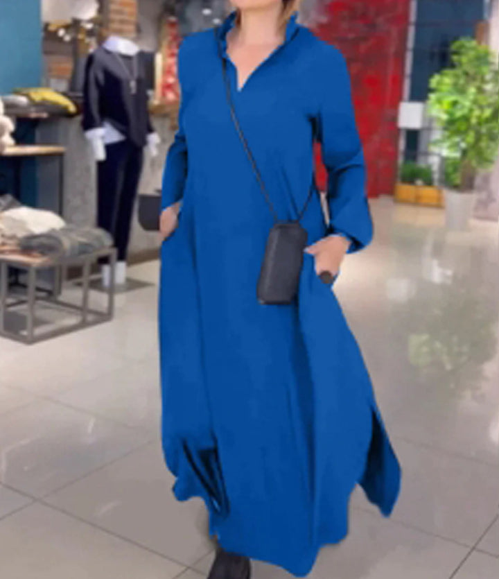 Elegant Lady long shirt dress with practical side pockets and chic collar