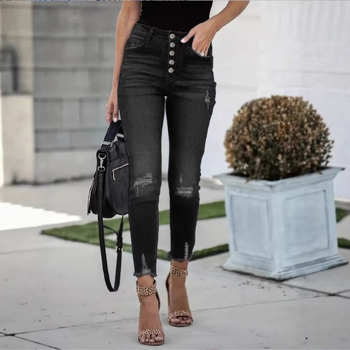 Women's High-Waisted Skinny Jeans with Visible Button Placket, Destroyed Knee Areas, and Raw Ankle Hem Amarae