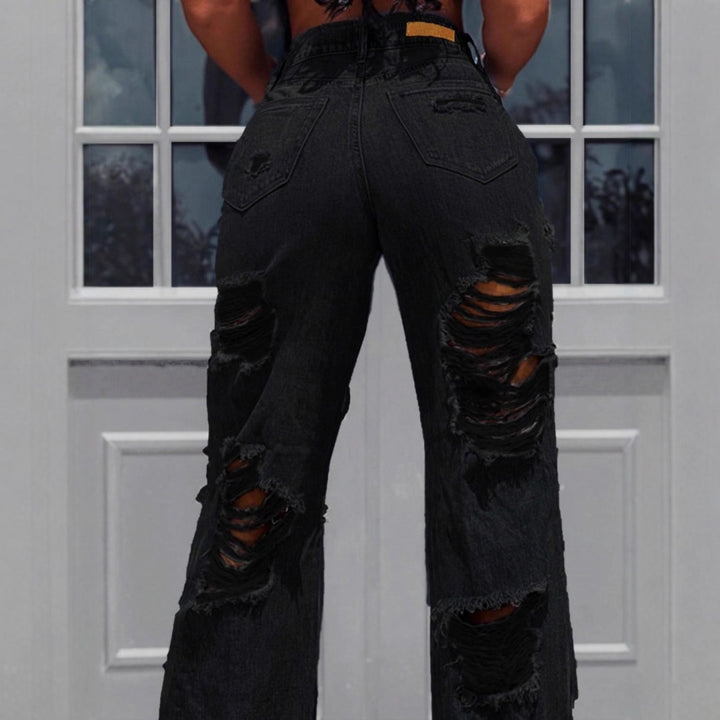Ladies high-waisted destroyed jeans with wide legs and large knee rips Amarae