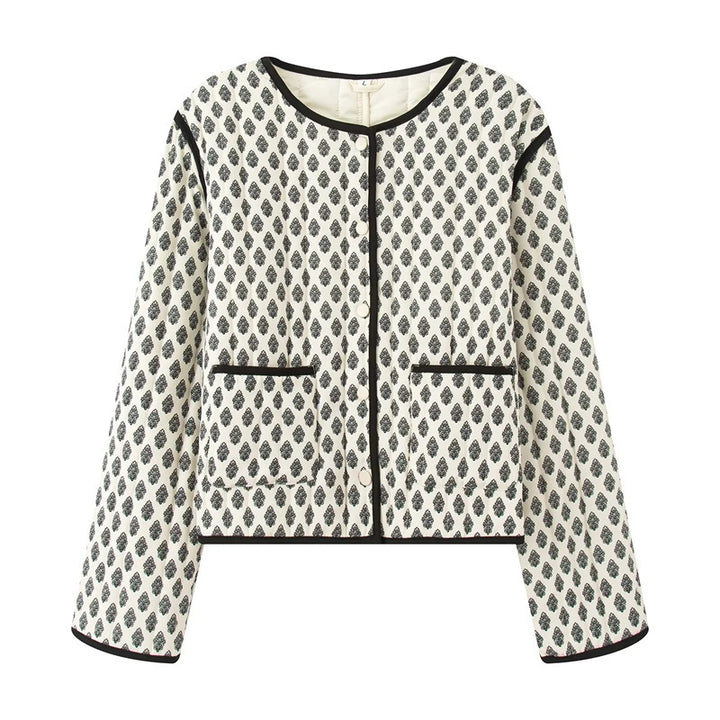 Ladies quilted jacket with decorative pockets and modern print Lune London