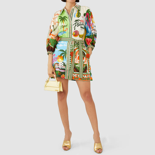 Robe chemise pour femmes avec motif tropical coloré et ceinture à la taille Chic & Stil