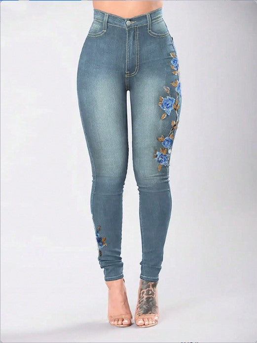 Women High-Waisted Sculpting Skinny Jeans with Side Floral Embroidery Amarae