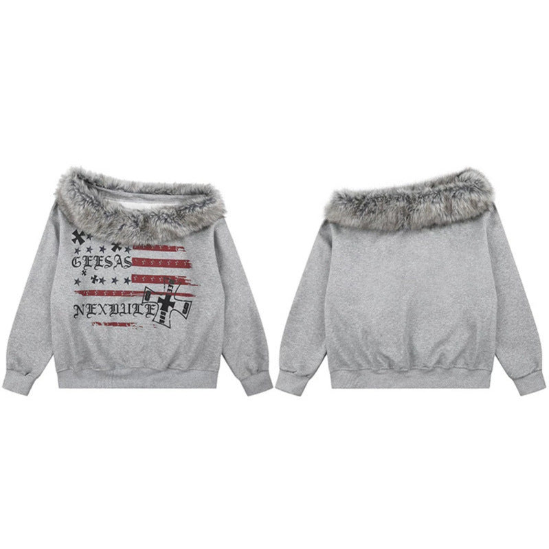 Women's Off-Shoulder Sweatshirt with Fake-Fur Collar, Relaxed Fit and Vintage Flag Print Amarae