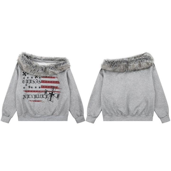 Women's Off-Shoulder Sweatshirt with Fake-Fur Collar, Relaxed Fit and Vintage Flag Print Amarae