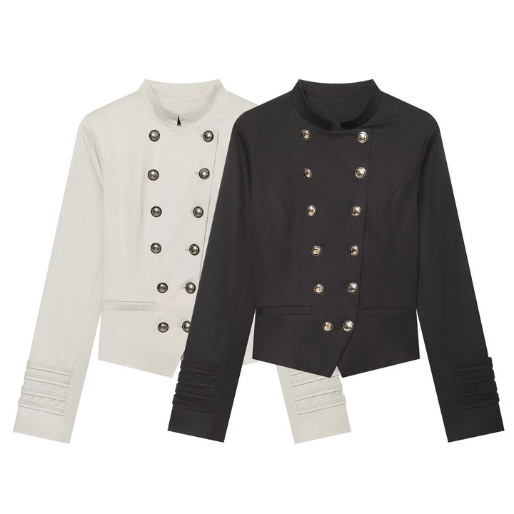 Women's tailored short blazer in sailor military style with stand-up collar and decorative buttons Amarae