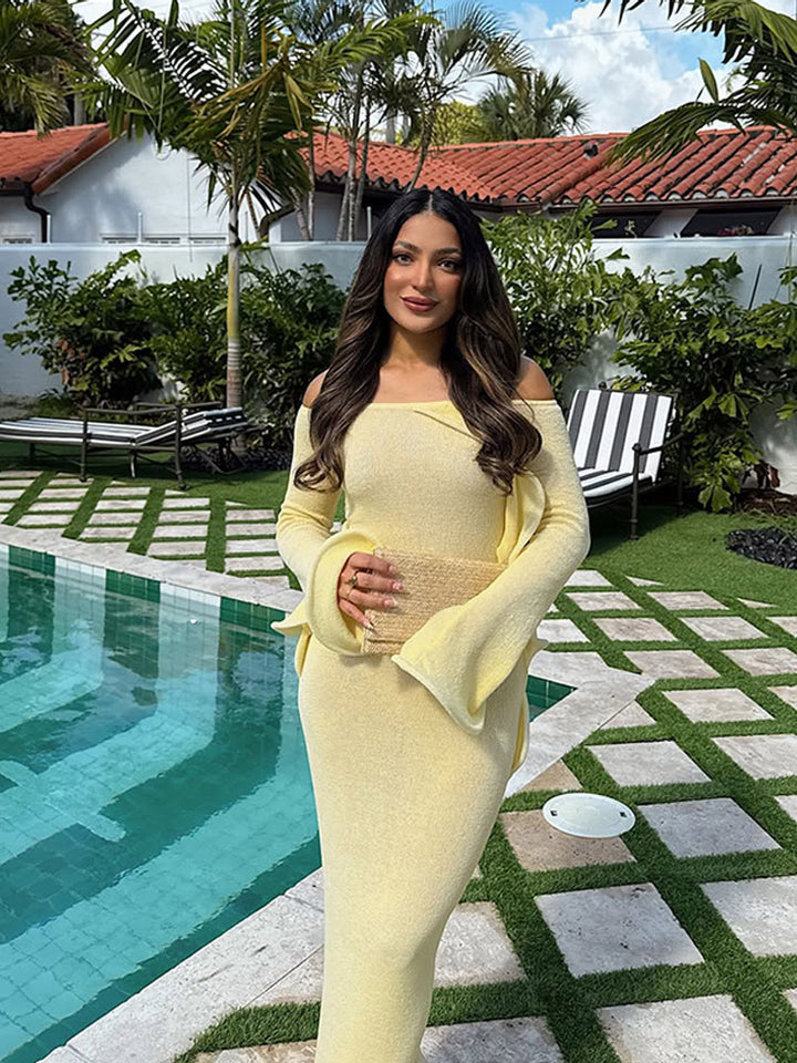 Women's Figure-Hugging Knit Maxi Dress with Off-the-Shoulder Neckline and Flared Sleeves Amarae