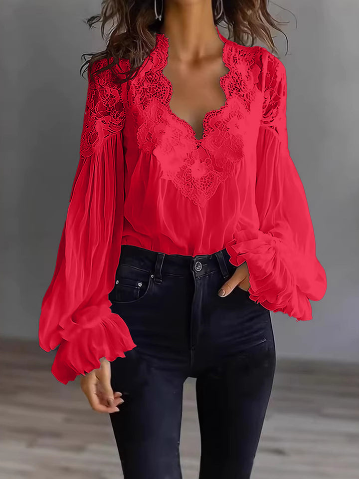 Women's Flowing Blouse with Lace Applications and Long Ruffle Sleeves Lune London