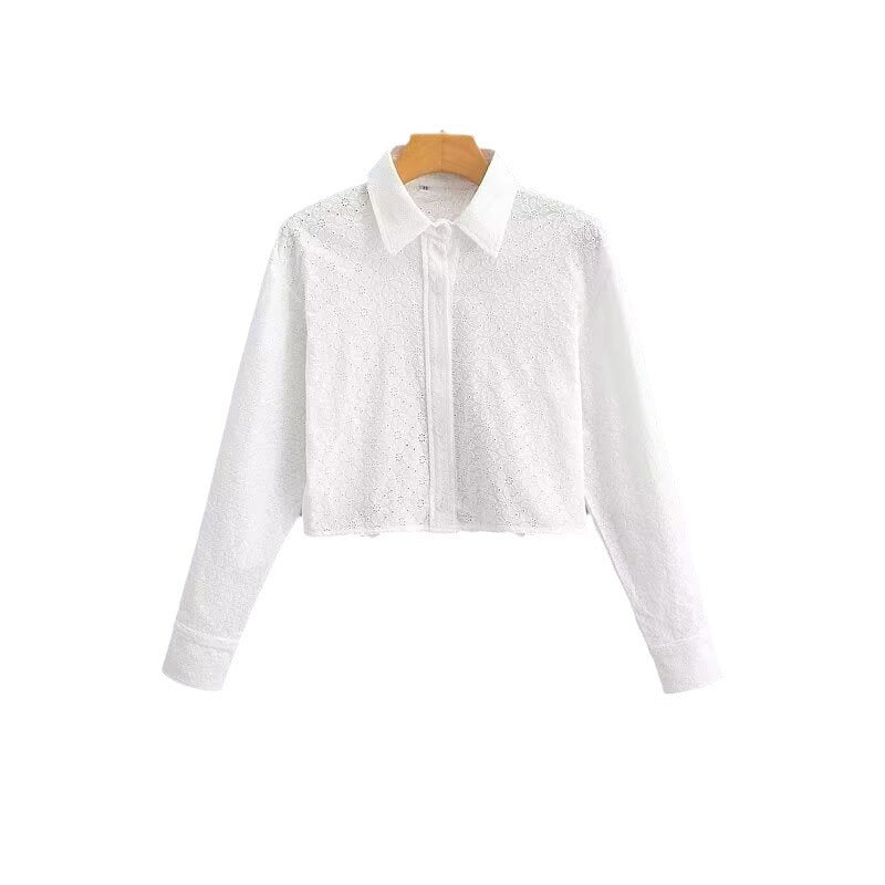 Women's Short-Cut Eyelet Embroidery Blouse with Shirt Collar and Long Ties Amarae