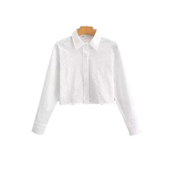 Women's Short-Cut Eyelet Embroidery Blouse with Shirt Collar and Long Ties Amarae
