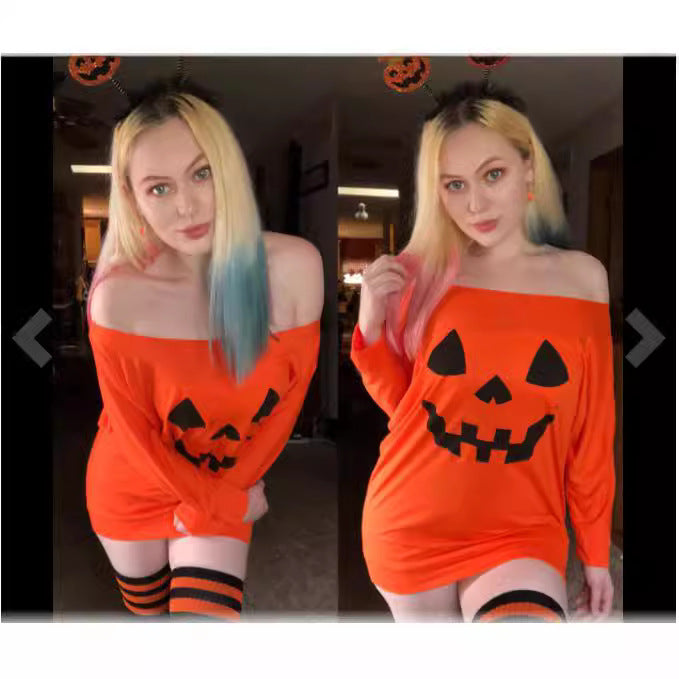 Women Oversize Off-Shoulder Knit Sweater with Halloween Pumpkin Motif Amarae