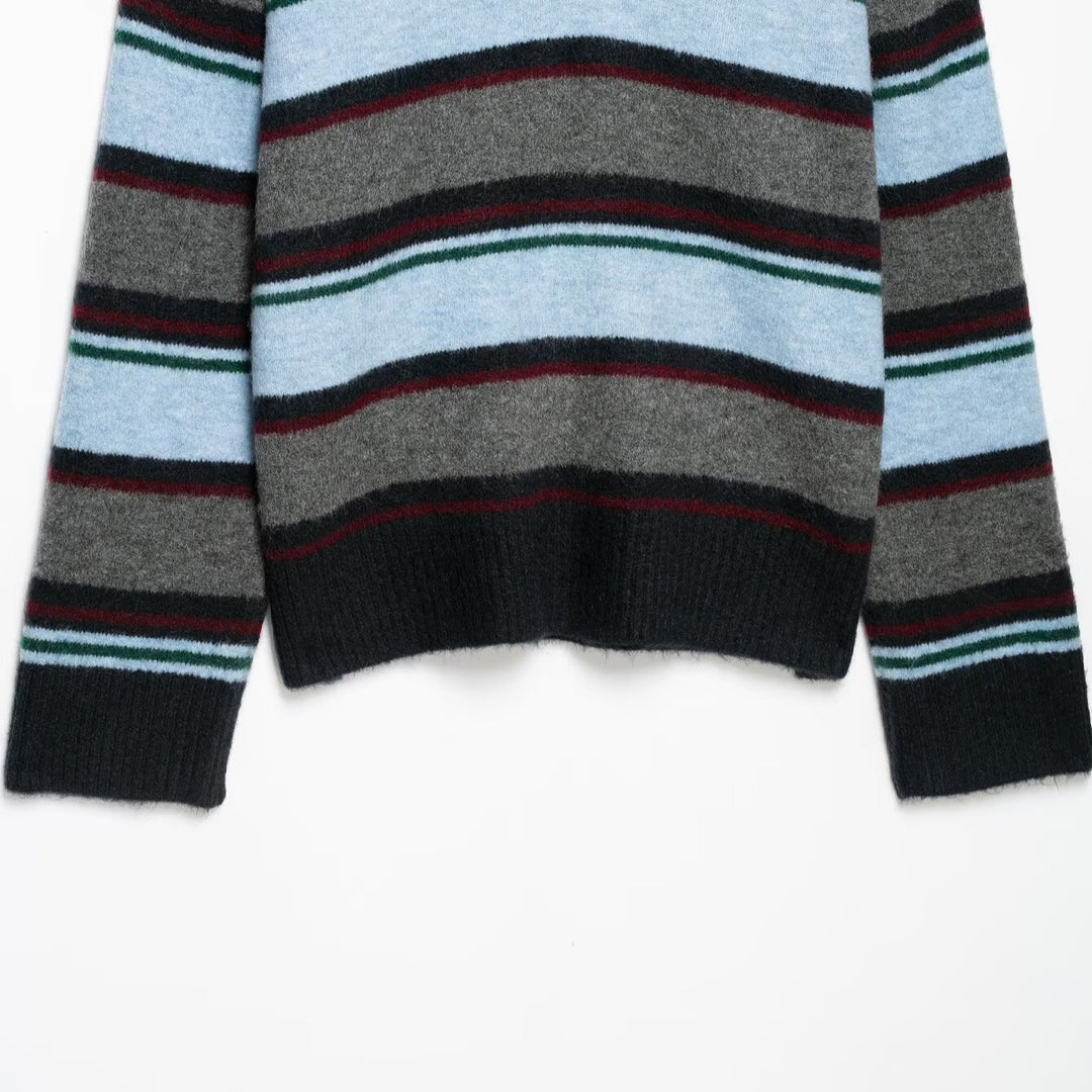 Women's Oversize Striped Sweater with Polo Collar and Deep V-Neck Amarae