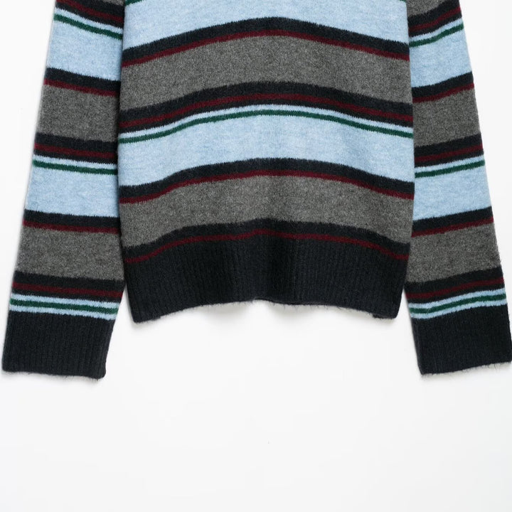 Women's Oversize Striped Sweater with Polo Collar and Deep V-Neck Amarae