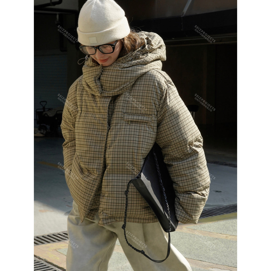 Women Short Cut Quilted Check Pattern Padded Jacket with Hood Amarae