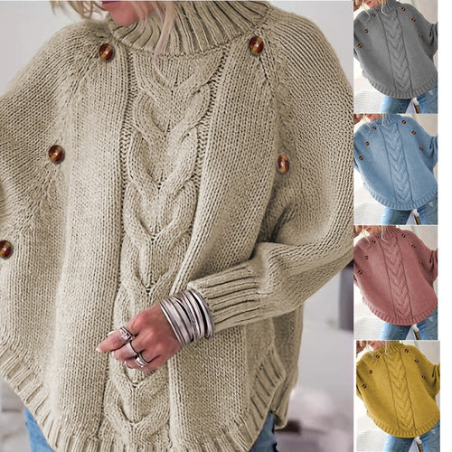 Ladies chunky knit sweater with high collar and button details Amarae