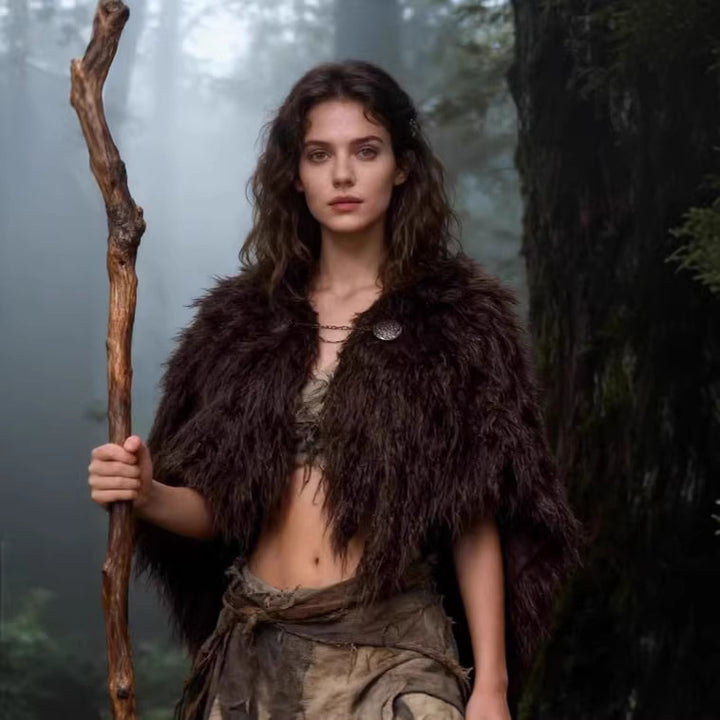 Ladies Viking-inspired Faux-Fur Cape with rustic fringe look and shoulder drape Amarae