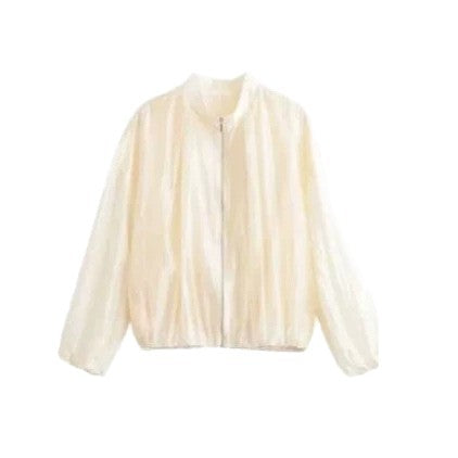 Women's Lightweight Transparent Satin Bomber Jacket with Stand Collar Amarae