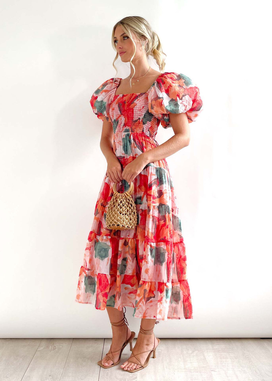 Ladies Floral Puff Sleeve Midi Dress Lune London