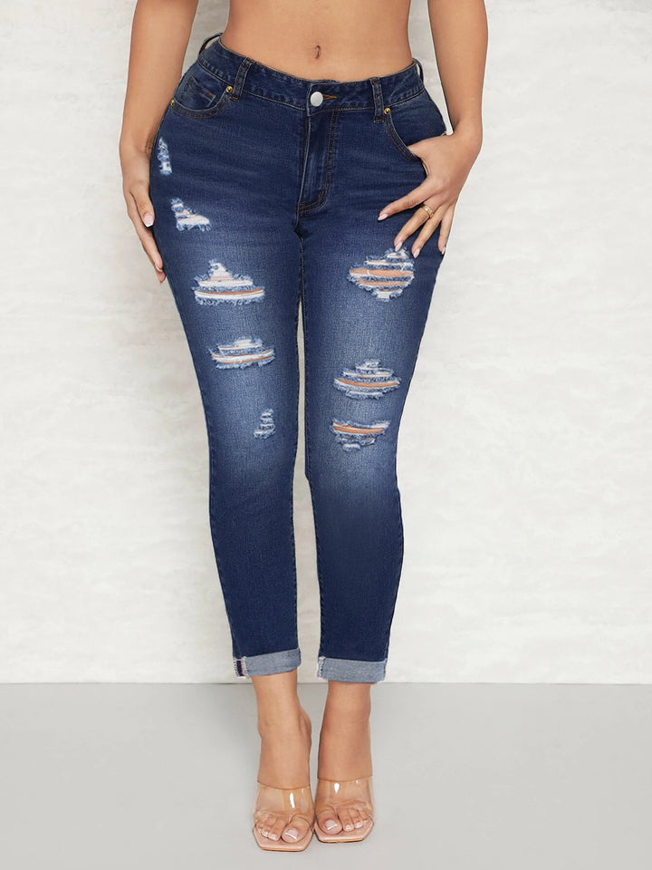 Women's High-Waisted Skinny Jeans with Destroyed Inserts and Cuffed Hem Amarae
