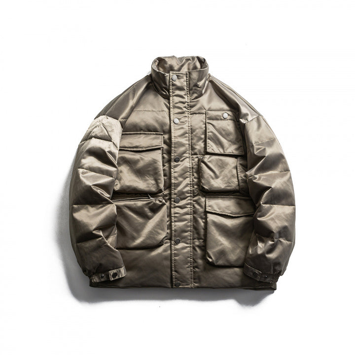 Unisex Padded Field Jacket in Boxy Cut with Multiple Pockets and Stand-Up Collar Amarae