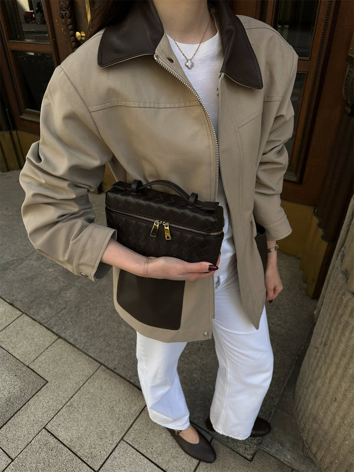 Women Boxy Field Jacket with contrast collar in leather look and appliqued pockets Amarae