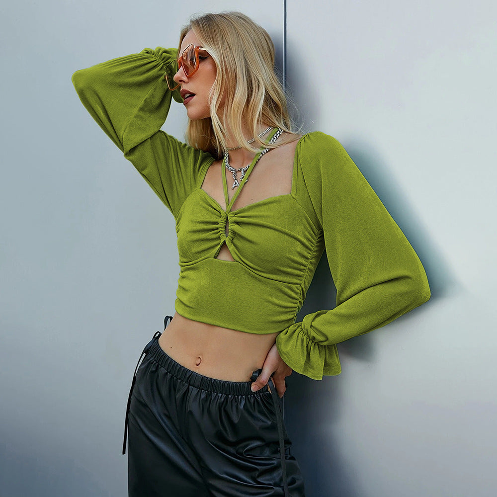 Chic & Stil Women's Short Long Sleeve Shirt with Complex Ruffle Patterns and a Tying Detail