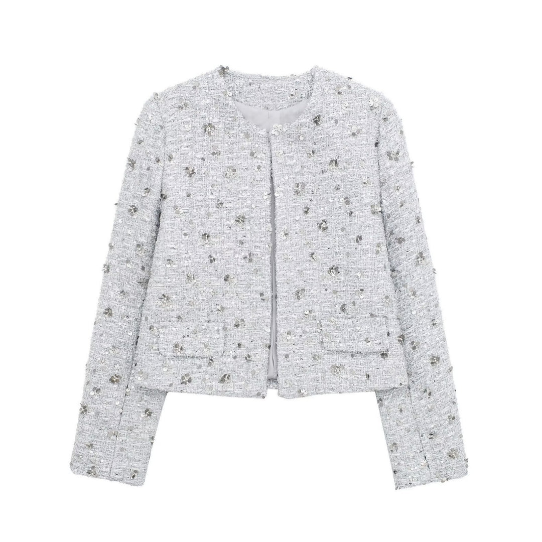 Lune London elegant tweed jacket for women with sparkling sequins and a textured design