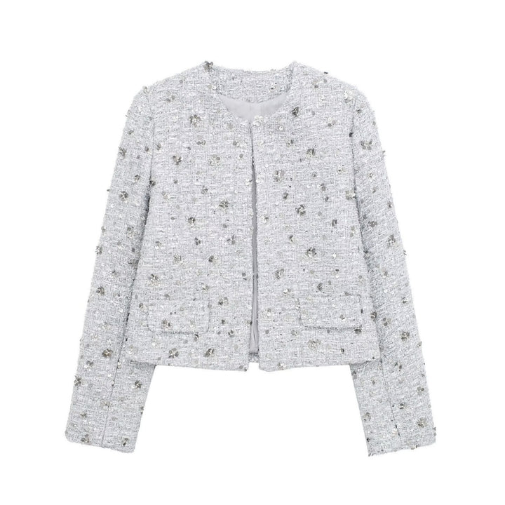Lune London elegant tweed jacket for women with sparkling sequins and a textured design