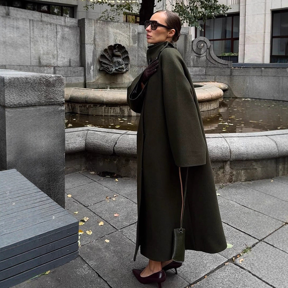 Ladies Maxilength Oversize Wool Blend Coat with Oversized Stand Collar and Balloon-like Sleeves Amarae