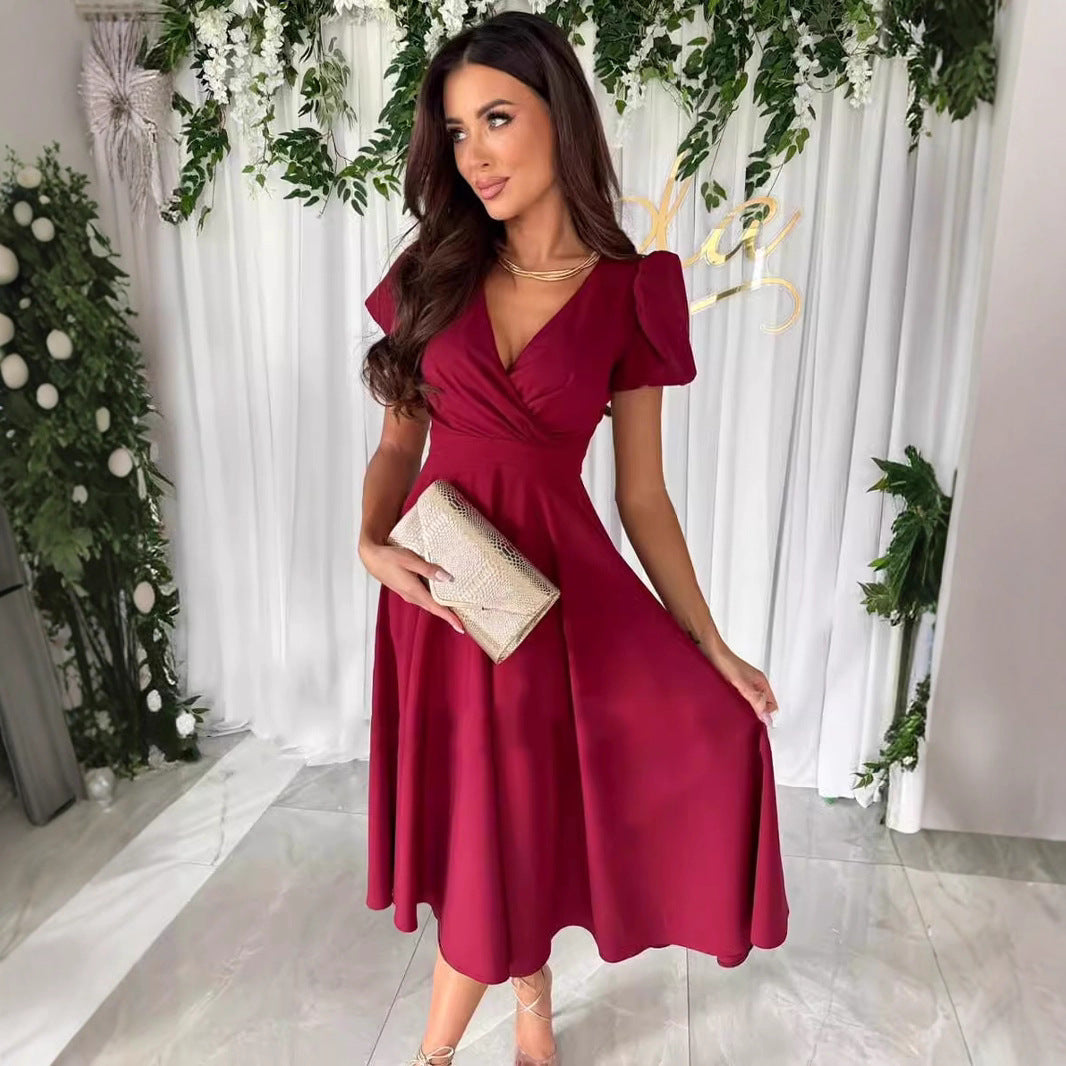 Ladies Elegant Midi Dress with Wrap Look and Flared Skirt Lune London