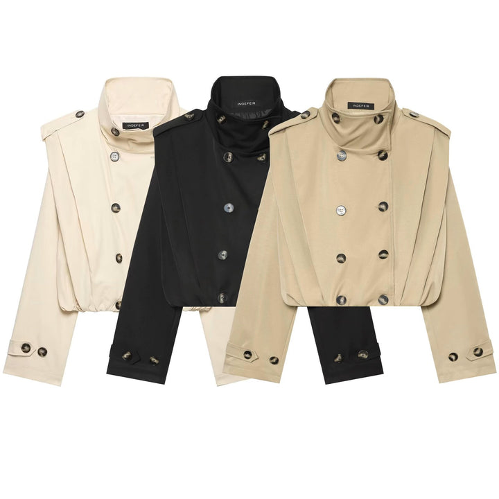 Women's Cropped Trench Coat in Cape Look with Double-Breasted Button Placket and High Stand Collar Amarae