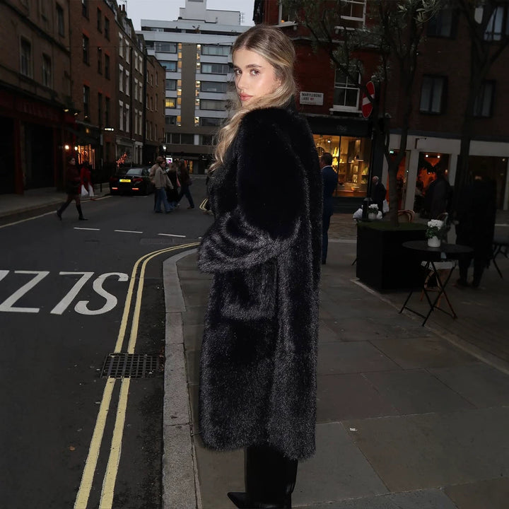 Women's Long Cut Faux Fur Coat with Large Shawl Collar and Concealing Oversize Fit Amarae