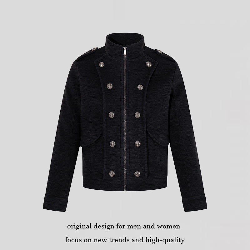 Men's short military-inspired wool jacket with stand-up collar & double-breasted decorative buttons Amarae