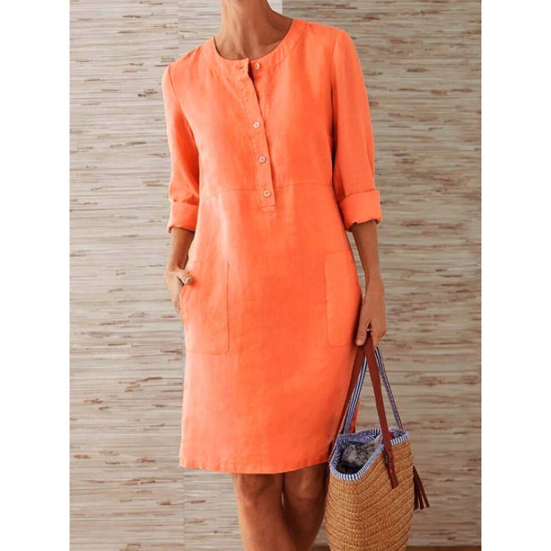 Women loose-fitting linen-look dress with three-quarter sleeves, button placket and side pockets Amarae