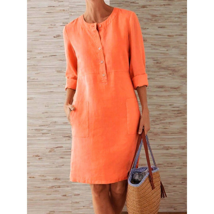 Women loose-fitting linen-look dress with three-quarter sleeves, button placket and side pockets Amarae