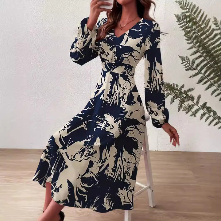 Midi dress for women with floral details and an elegant V neck Lune London