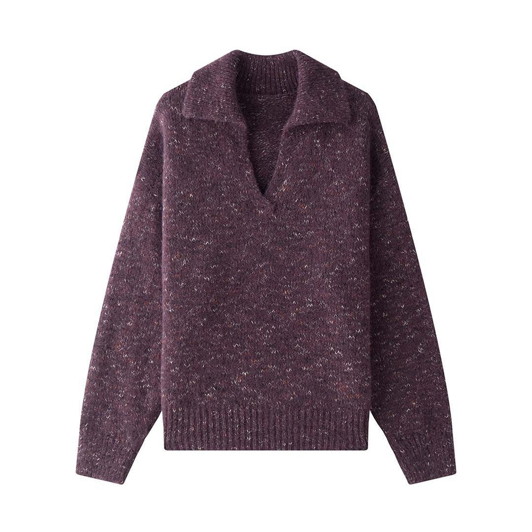 Women's Fluffy Mohair-Mix Sweater with Open Shirt Collar and Ribbed Hem
