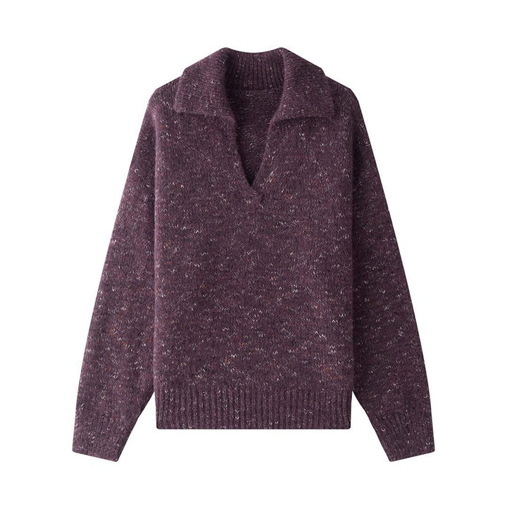 Women's Fluffy Mohair-Mix Sweater with Open Shirt Collar and Ribbed Hem