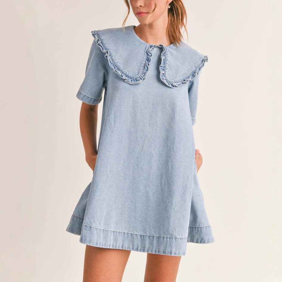 Women's denim dress with elegant ruffled collar finish Lune London